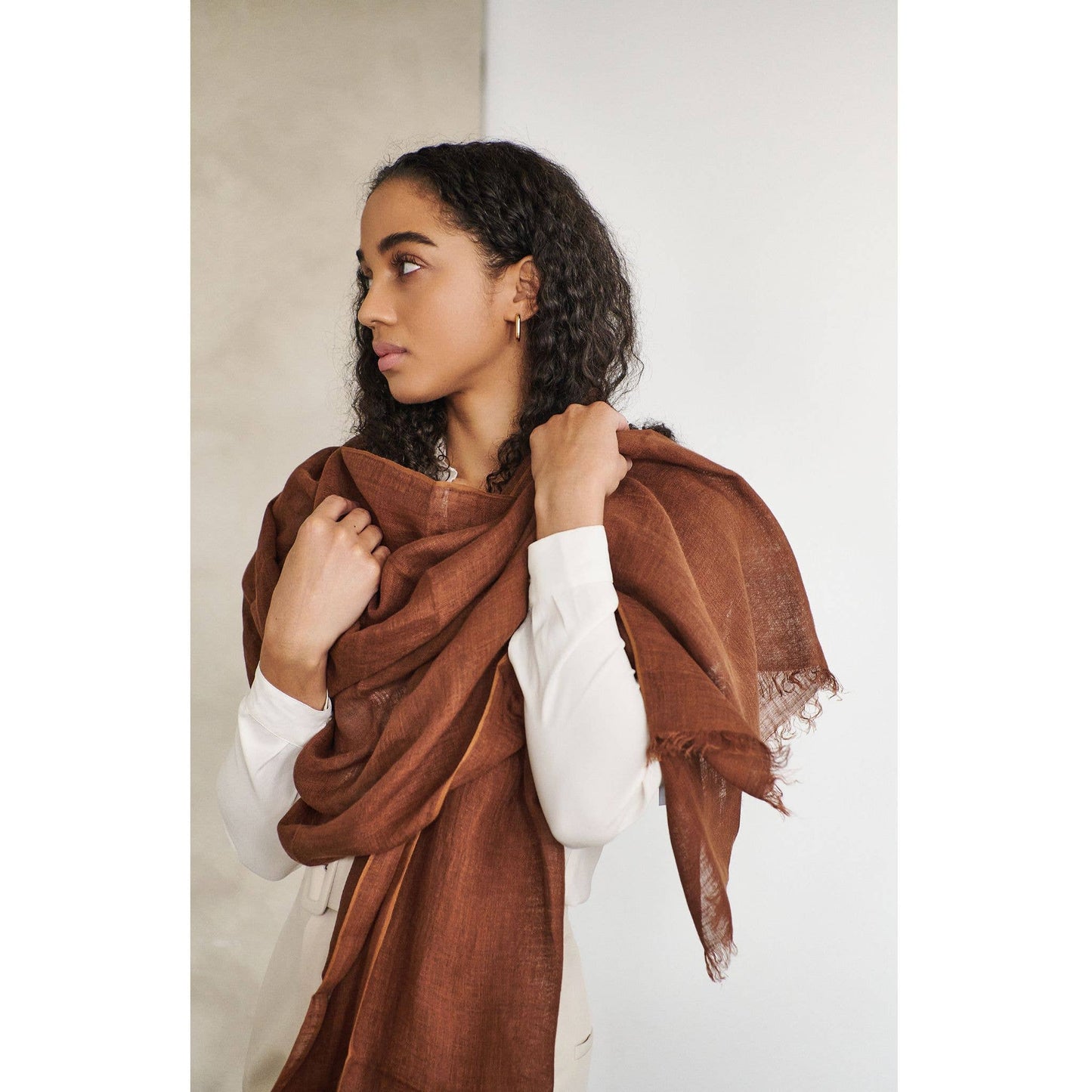 Coco Brown Soft Handwoven Modern Artisanal Linen Blend Scarf: Coco