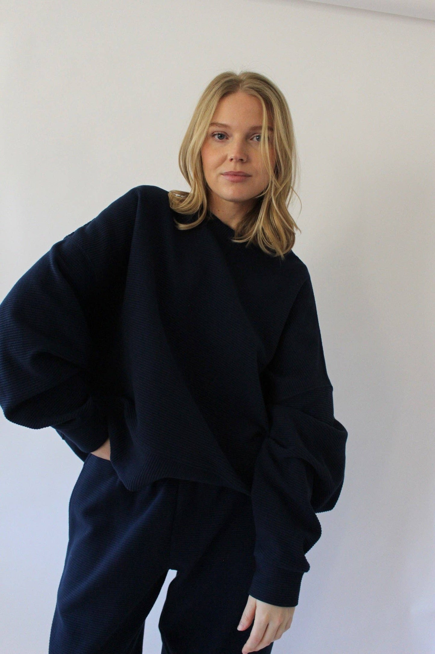 Marley Rippled Cotton Cropped Sweatshirt: Ecru or Onyx