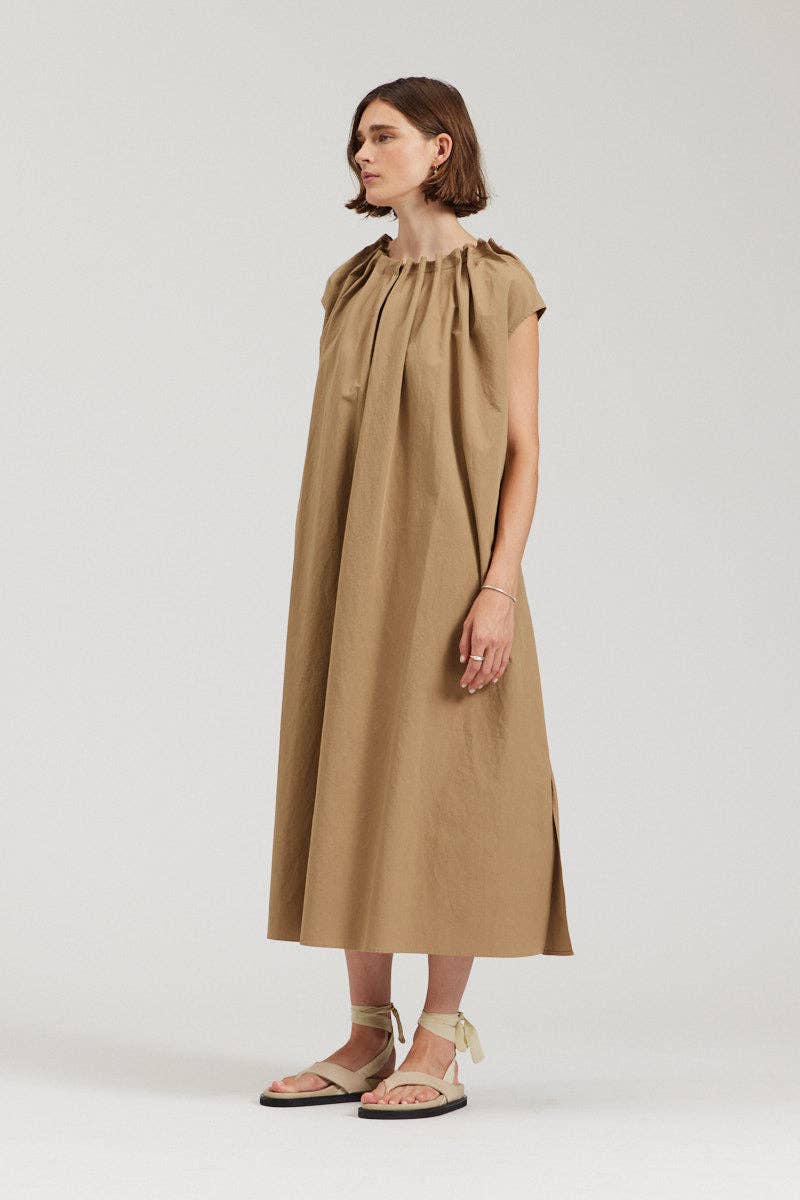 there. elsewhere - Pleated Neckline A-line Dress: Safari / Small/Medium