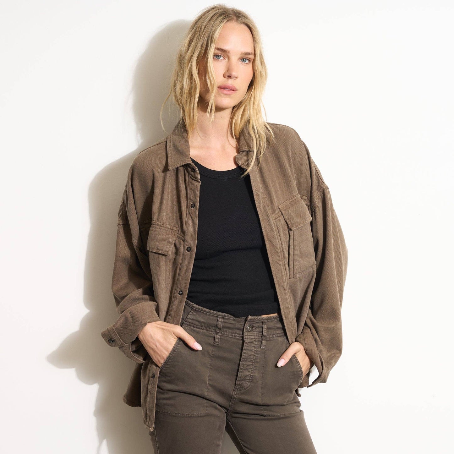 Rowan - Odette Drape Denim Twill Shirt Jacket: Washed Black / S / WWOW0007