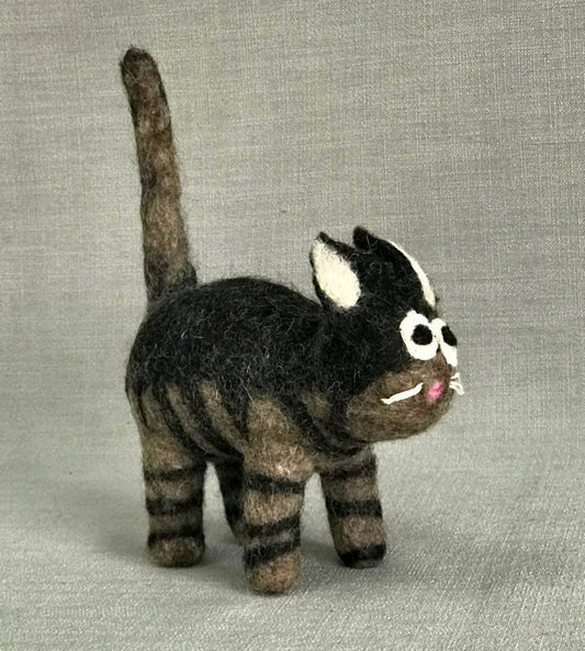 Felted Kitty Cat - Black and Grey Stripe