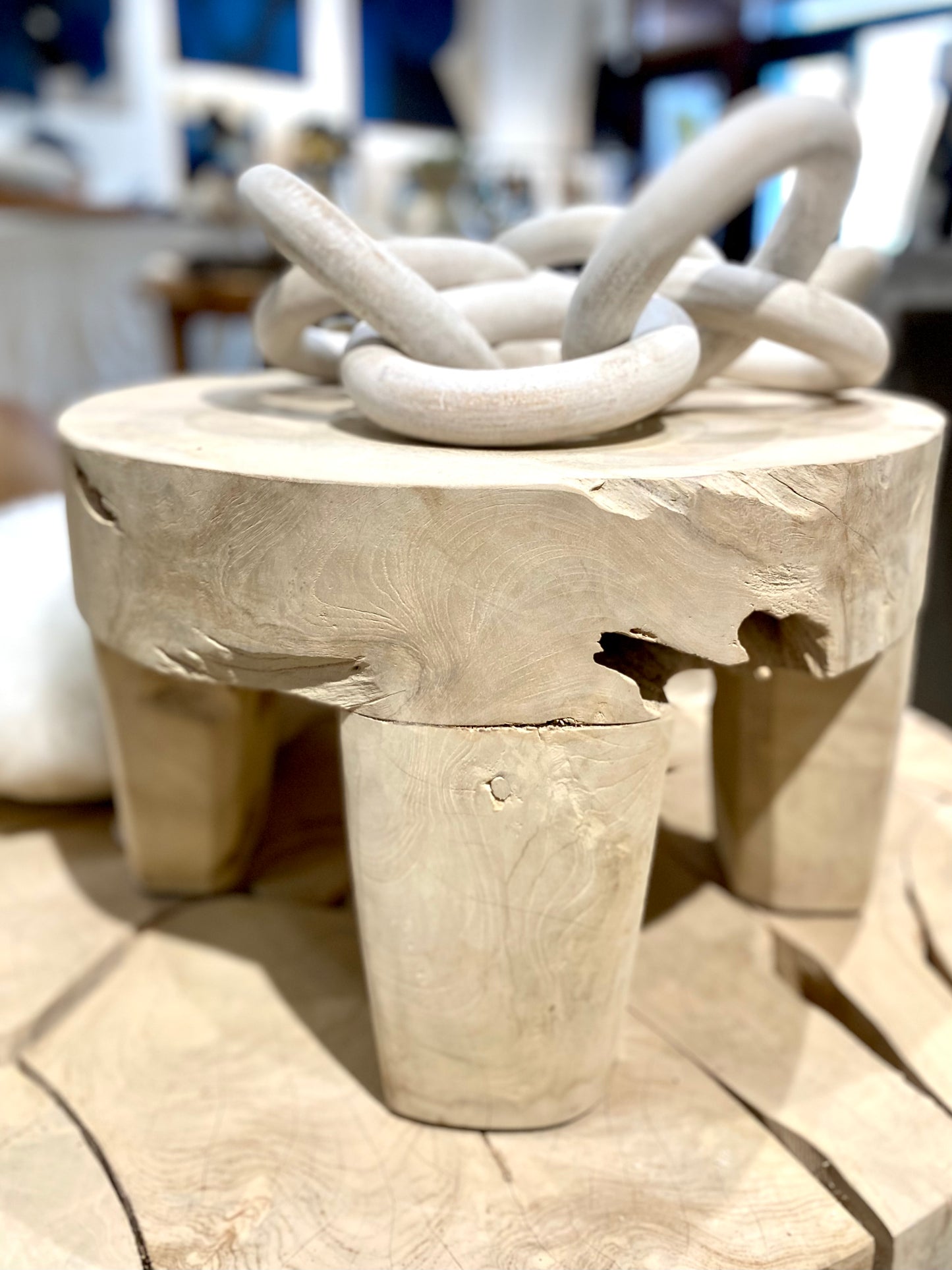 whitewashed teak root round stool