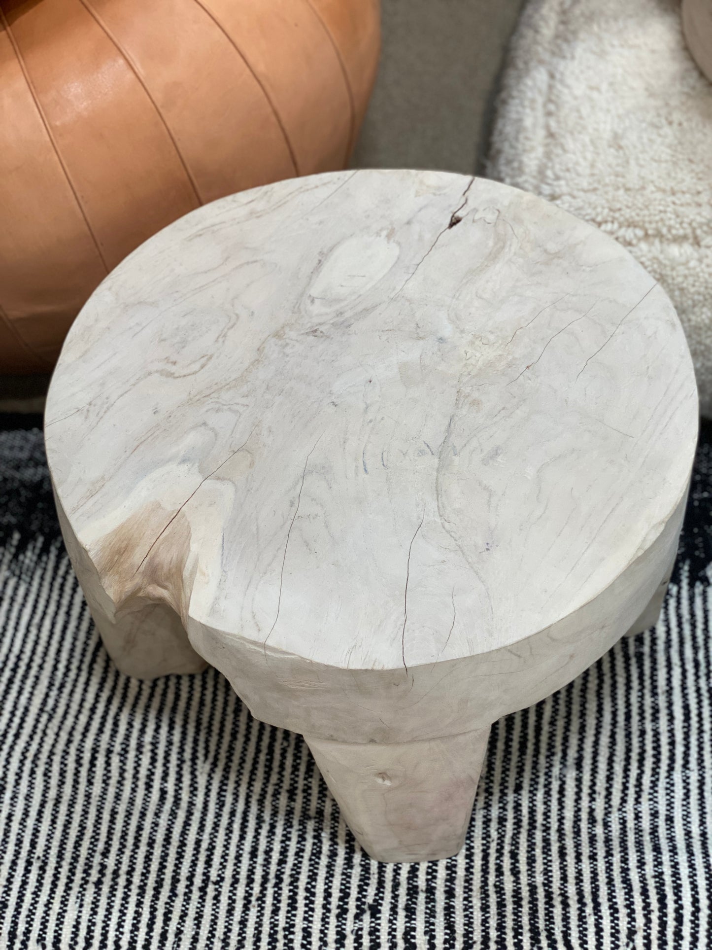 whitewashed teak root round stool